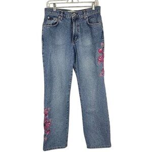 VTG Express Bleus 90s Y2K Jeans Sz 9/10 Embroidered Flowers Denim High Waist